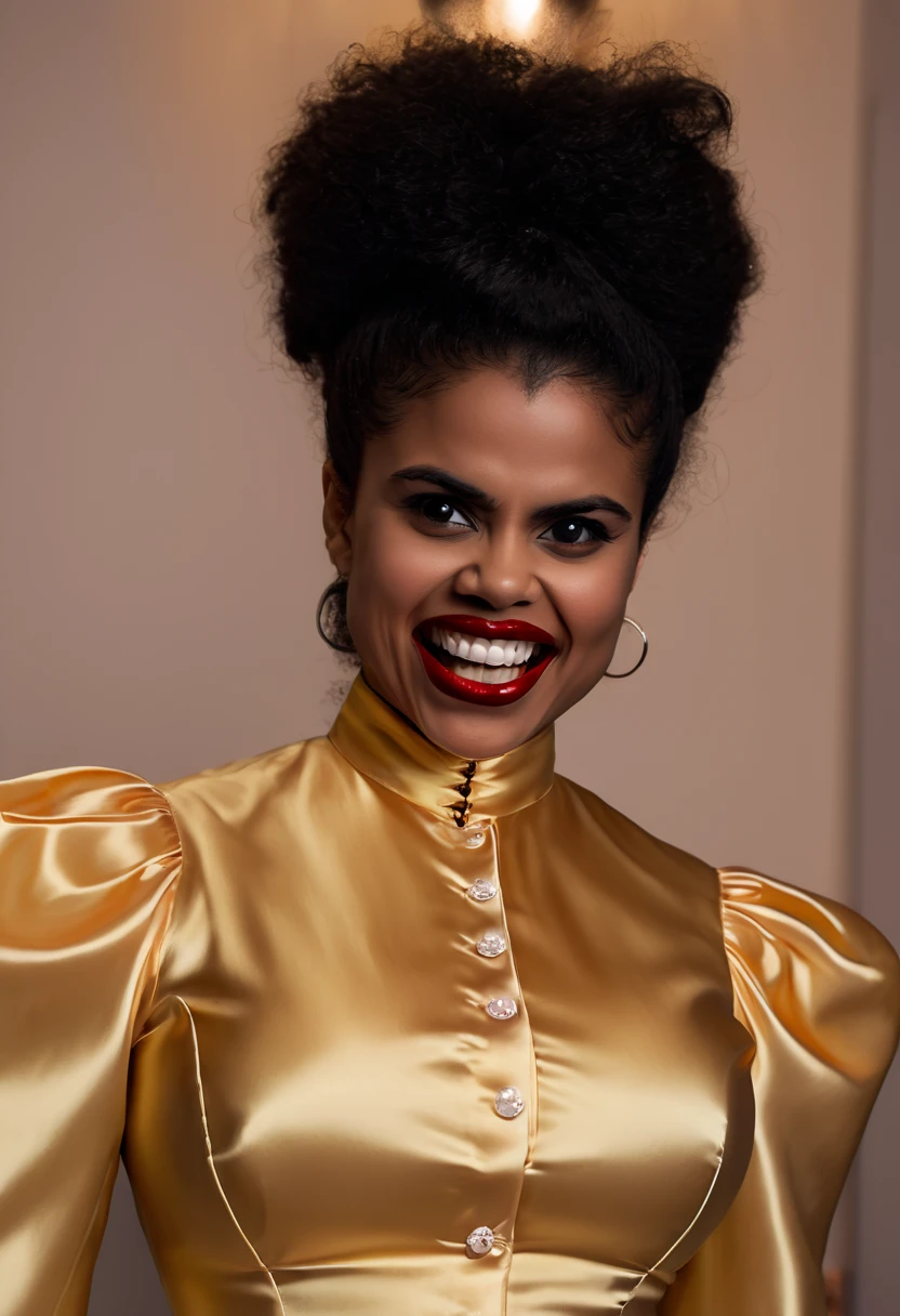 closeup shot, (angry evil dominatrix Zazie Beetz showing her clinched teeth in anger with flared nostrils and furrowed brows:1.2) in a (closed satin skintight silk buttoned mandarin collar blouse with large shoulder-pads and extremely tight corset and belt and satin cape:1.3), tight hairbun, silk gloves, large covered breasts, small waist, wide hips and torso, (insane wide eye stare:1.2), (muscular arms), subtle evil stare with flared nostrils, large shoulder-pads, extremely cinched small waist,