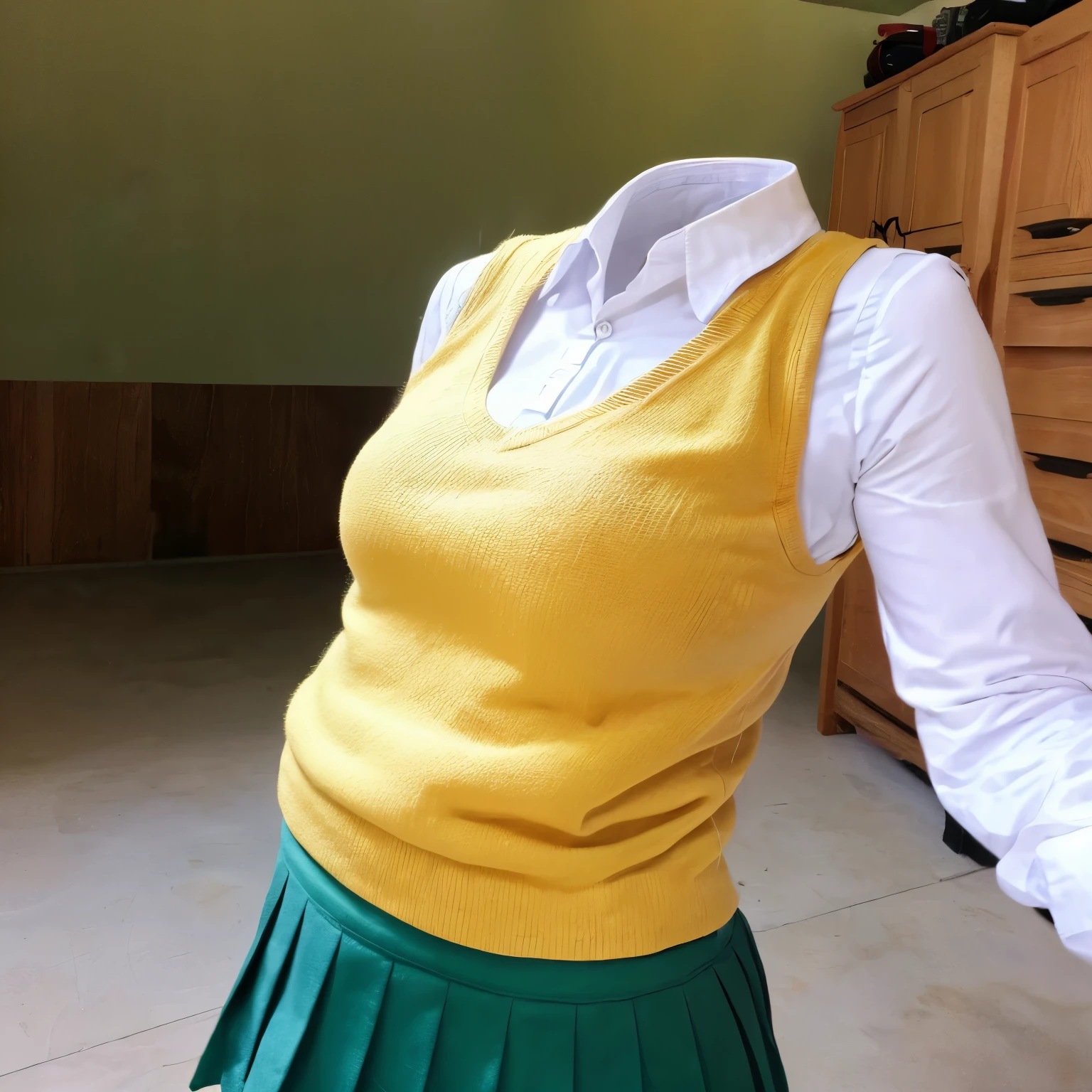 chubby, fat, school uniform, in closet, white shirt, long sleeves, pleated skirt, collared shirt, miniskirt, bowtie, green bow, green ribbon, (yellow sweater vest), cute pose, (invisible, no humans, headless, faceless:1.5), (close-up to breasts), cute big breasts, (8k, RAW photo, best quality, masterpiece, high resolution, extremely detailed CG:1.2), (realistic, photo-realistic:1.37), photon mapping, radiosity, ((Hasselblad photography)), physically-based rendering