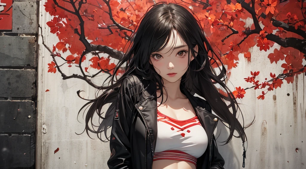 ((8k wallpaper of extremely detailed CG unit, masterpiece, hight resolution, top-quality)), ((a very beautiful woman, The upper part of the body, Hands in pockets:1.5, Grunge Fashion:1.2, wear a blouson:1.2)), ((extra detailed face, Highly detailed black eyes, extra detailed body, top-qualityのリアルテクスチャスキン)), (A dark-haired, hair messy, de pele branca, Exposed belly), ((colorful geometric pattern wall, Colorful wall)), hyper realisitic, digitial painting,