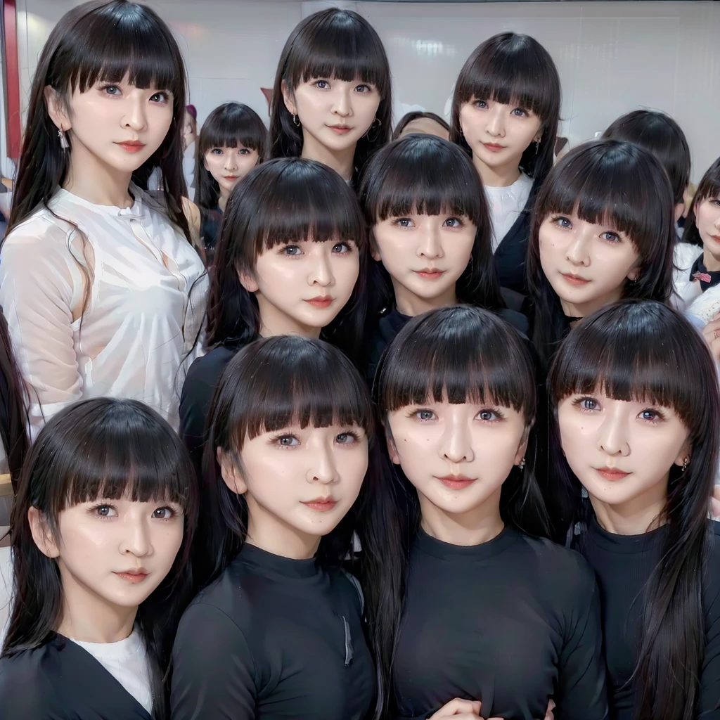 Raw photo、(((multiple girls))),((((6+girls)))),((((100girls)))),(((1000girls)))、((((100 Girls))))、Women only、The same face、matching school uniform、12 years old、Long black hair、100 cute girls going to school、japanes、a smile、Commuting to school、School route、In the street、selfee、same person、(((Large group)))、a junior high school student