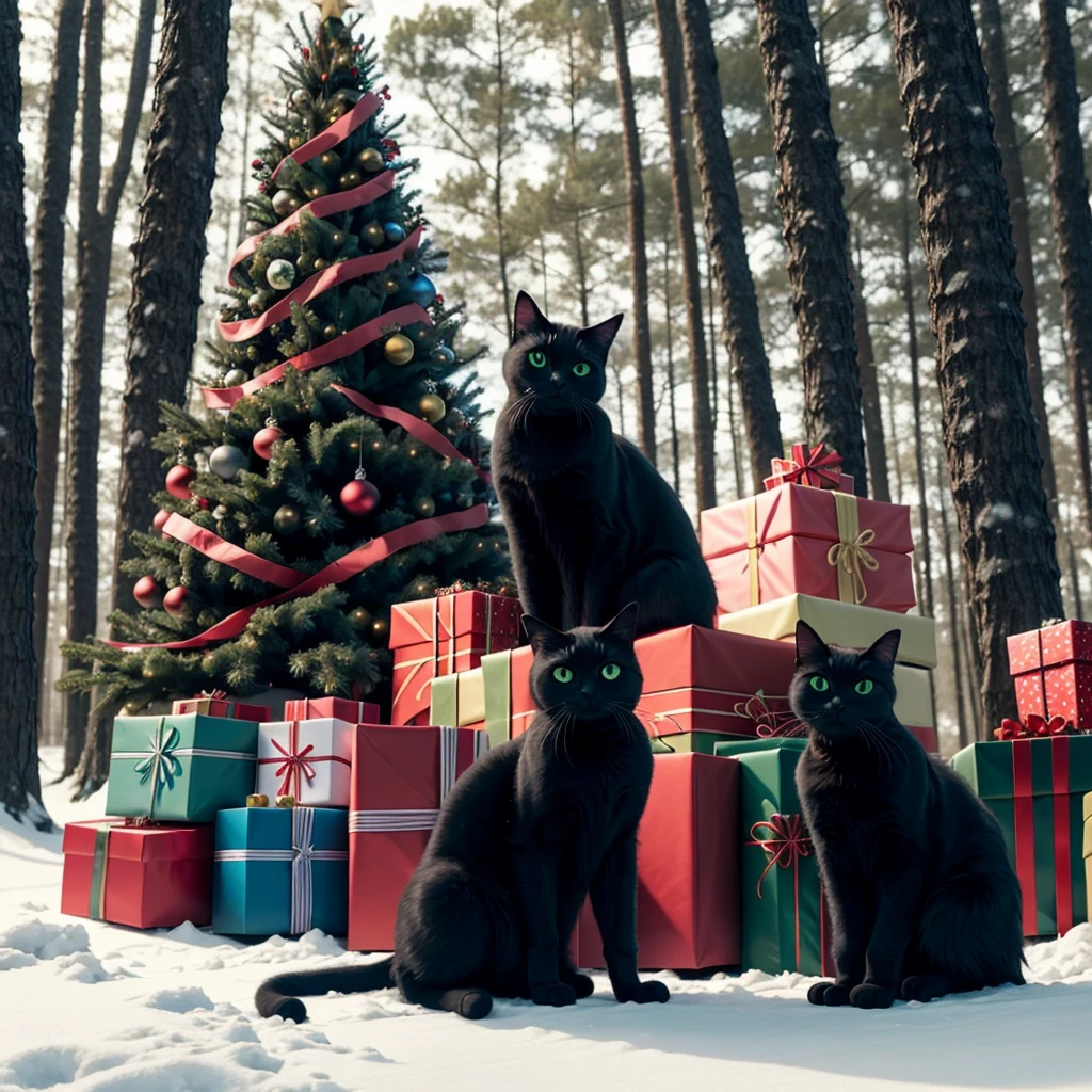 a big fully decorated Christmas tree in a snowy forest. Wrapped presents and a shaggy black cat with glowing blue eyes beneath.
