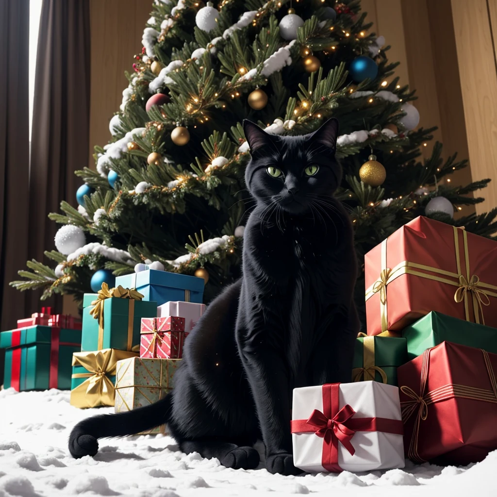 a big fully decorated Christmas tree in a snowy forest. Wrapped presents and a shaggy black cat with glowing blue eyes beneath.