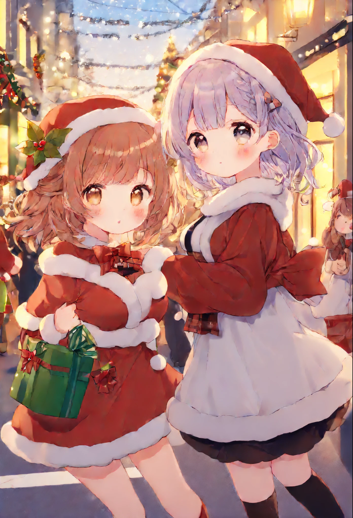 Cute girls are wearing Christmas costumes, in the streets bustling with Christmas