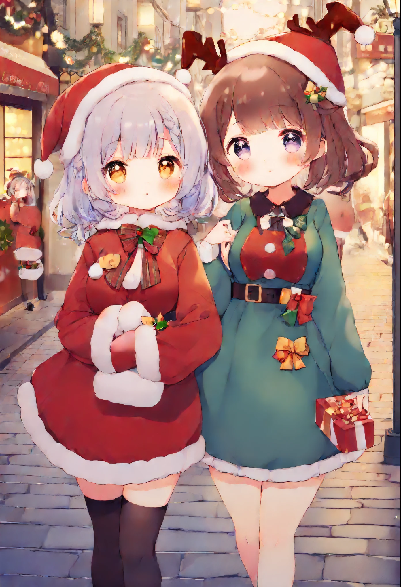 Cute girls are wearing Christmas costumes, in the streets bustling with Christmas