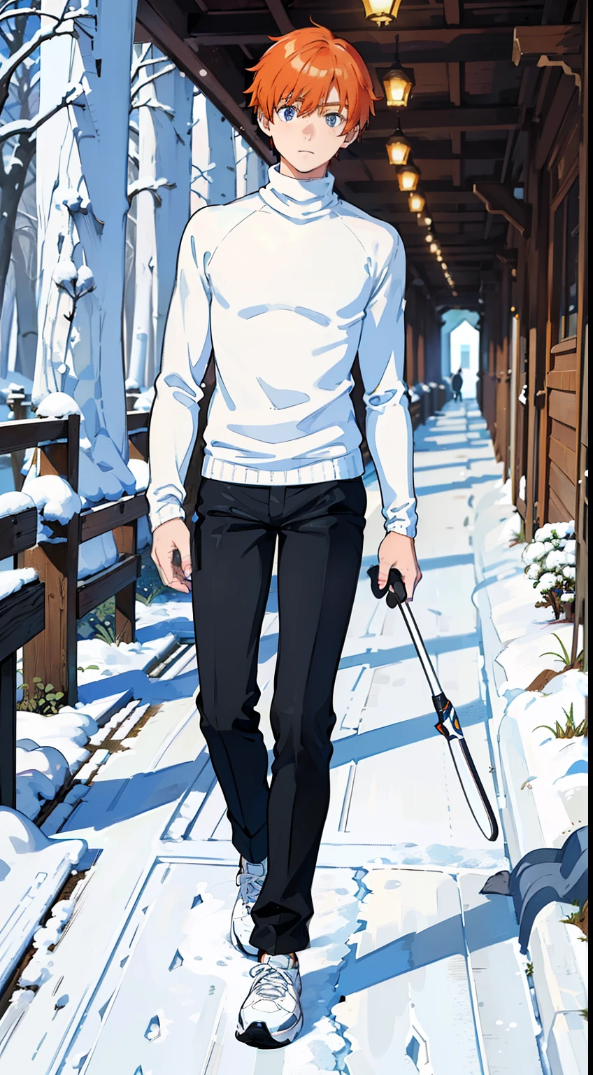 (1boy,teen,18 years old), orange hair, blue eyes,(((white sweater,turtleneck))),(snow,in Forest),((serious,walking)),(((from front)),black pants,white sneakers,full body