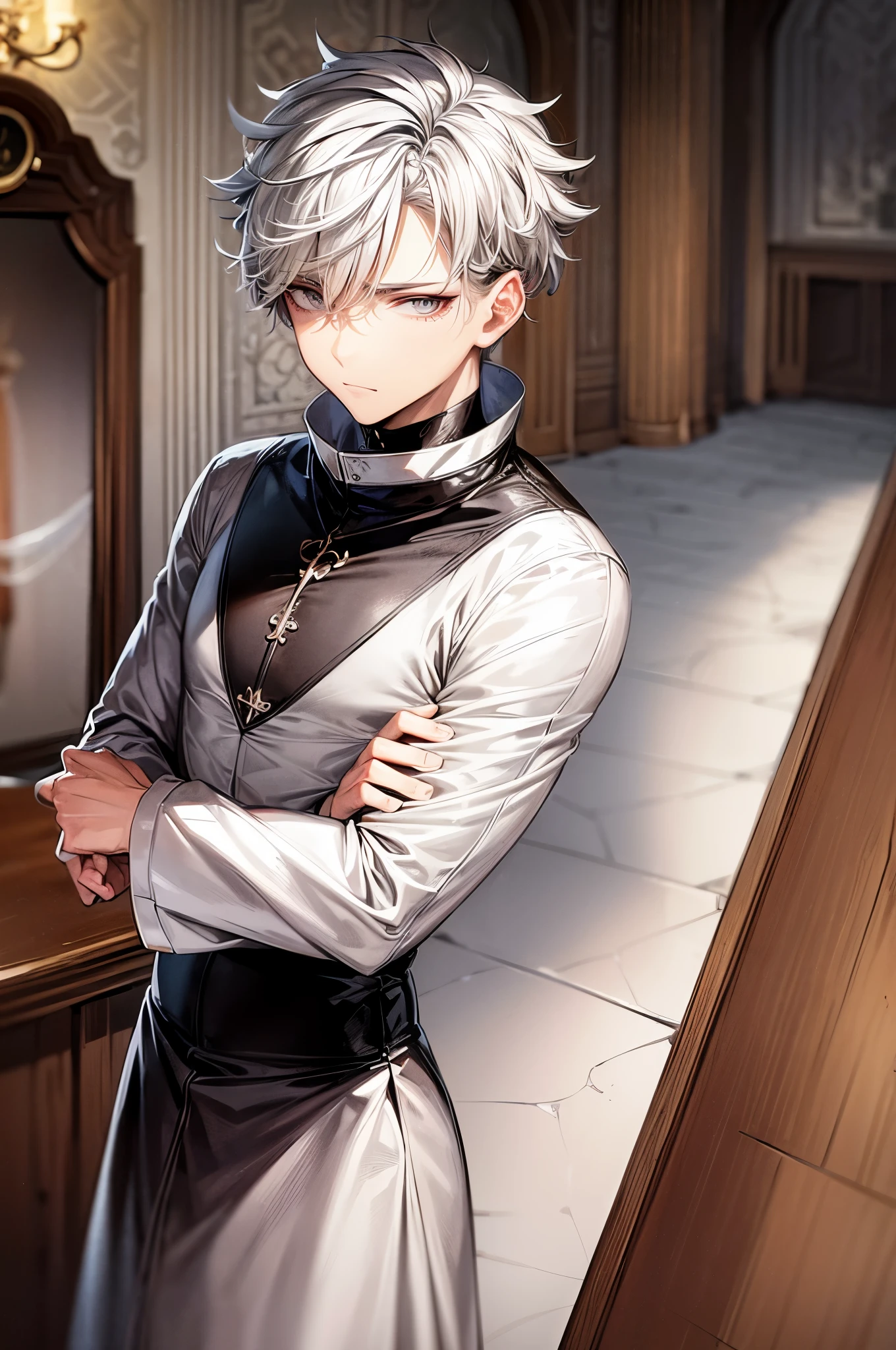 (flat color:1.1),(masterpiece:1.2), best quality, masterpiece, original,short white hair, (male:1.2),(dark eye bags:1.2), mature yet tired handsome man, wearing a priest outfit