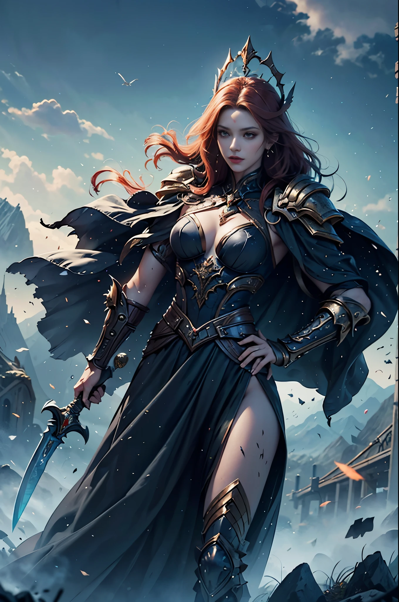 Arab woman in black and red costume holding a sword, a character portrait by Yang J, cg society contest winner, Fantasy Art, epic exquisite character art, Stunning character art, redhead queen in heavy red armor, 2. 5 d cgi anime fantasy artwork, epic fantasy art style, ig model | ArtGerm, epic fantasy digital art style, Battlefield Commander, Invincible female general, brave, Awe-inspiring Hall々, extremely detailed and beautiful eyes, perfect supermodel body, Cloak wrapped in the wind, Battle Master, Veteran Warrior, incarnation of athena, Best Quality, Perfect Angle, perfect-composition, Best Shots, Official art, ciinematic light