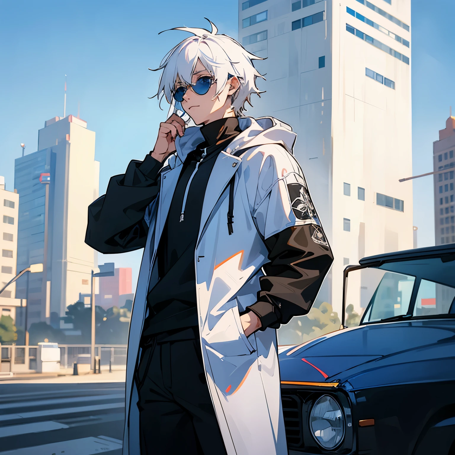 Bright blue eyes , messy white hair , 1male ,  Black Turtleneck Hoodie , Standing on street , Sunny modern city background , detailed generation , masterpiece quality , intricate detail , Sunglasses