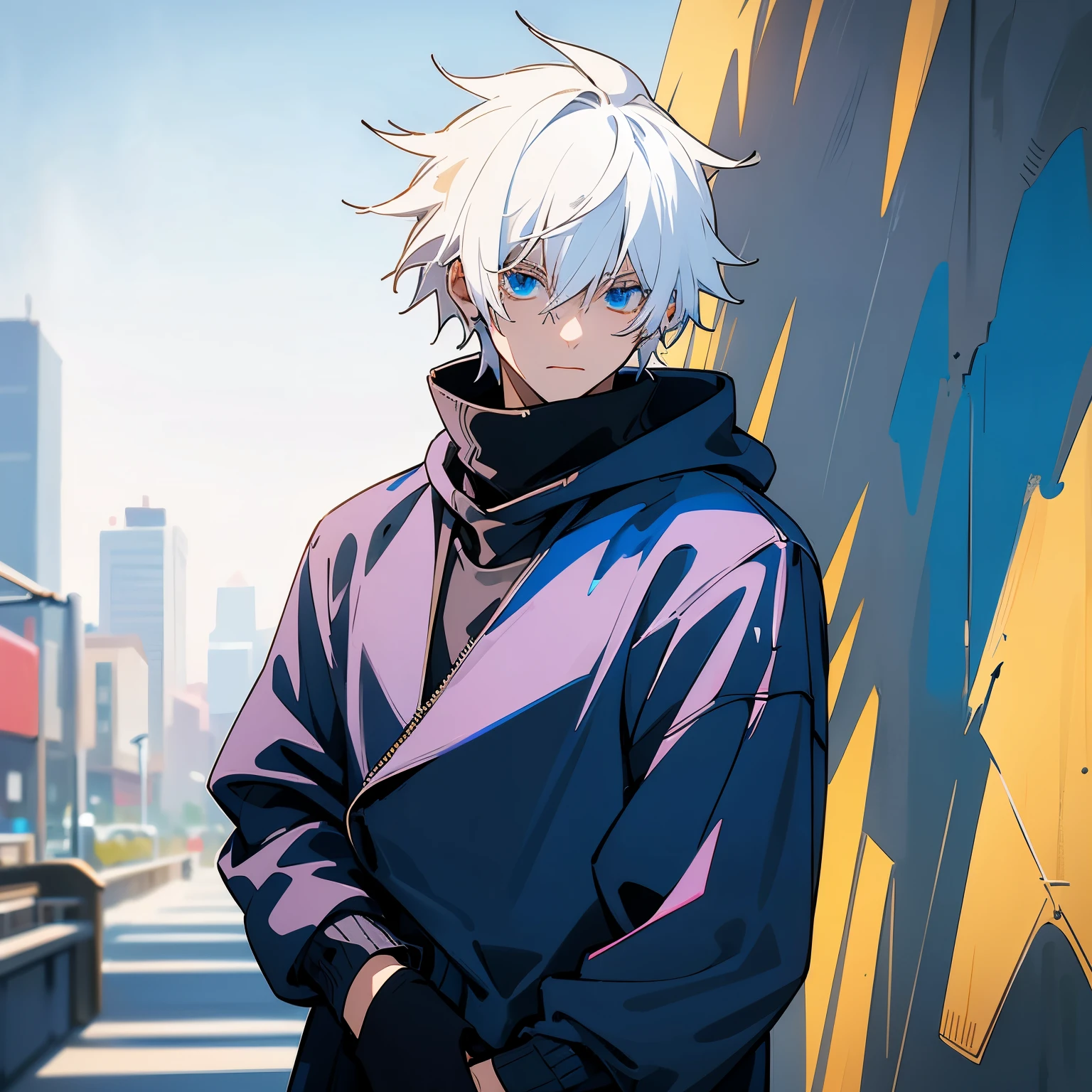 Bright blue eyes , messy white hair , 1male ,  Black Turtleneck Hoodie , Standing on street , Sunny modern city background , detailed generation , masterpiece quality , intricate detail