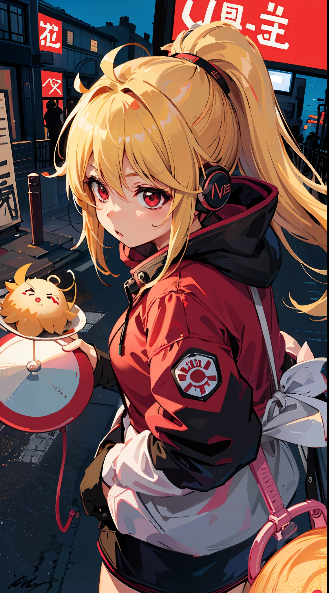 1 woman、独奏、Blonde ponytail、Ahoge、big round red eyes、small tits、parka、headphones、Street、plein air、Sateen、neons、