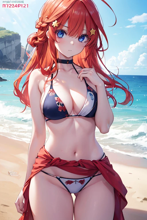 Satsuki Nakano, Itsuki Nakano, Bangs, Blue eyes, hair between eye, Ahoge, Red hair, Braid hair,Star \(symbol\), Hair Ornament, Star hair ornament、,B Leak point:1.2), Best Quality, High resolution, Unity 8k壁纸, (Illustration:0.8), (Beautiful detailed eyes:1.6), extra detailed face, Perfect Lighting, extremely details CG, (Perfect hands, Perfect Anatomy),Bikini swimwear,wrapping a blanket around my waist,hair adornments(hibiscus),sea side,sand beach