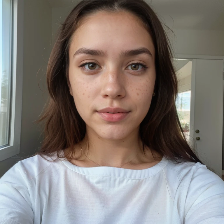 23-year-old hyper-realistic Latin girl with freckles, mood selfie for instagram, Ultra Definition, (photoreallistic: 1.4), 8k, calidad premier, fondos detallados, cara delicada, maquillaje natural, foto raw, iphone, HDR, Coqueteando con el espectador, cuerpo completo, college outfit