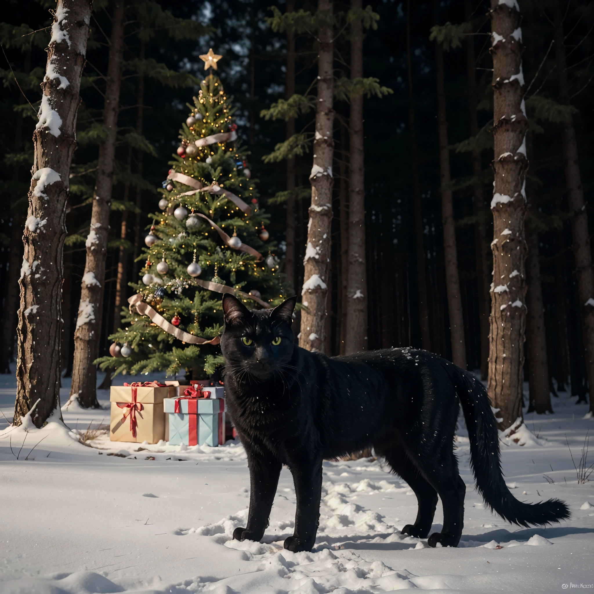 A huge, decorated Christmas tree in a snowy forest at night. Presents beneath. A shaggy black supernatural cat with glowing blue eyes.