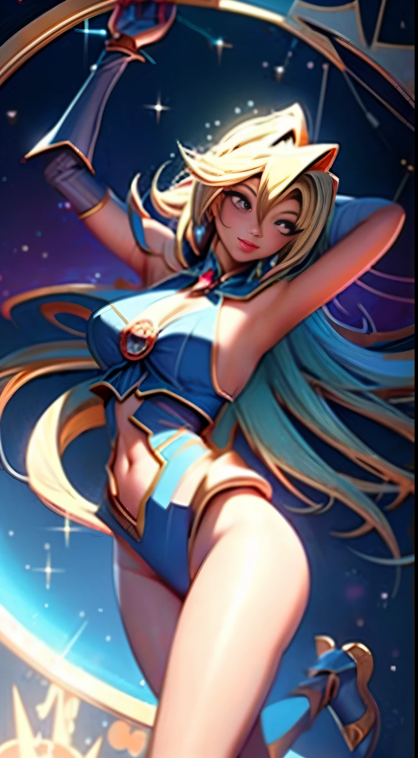 Dark Magician Girl. (Obra maestra:1.2), (La mejor calidad:1.2), Perfect lighting, Chica Maga Oscura lanzando un hechizo, flotando en el aire, Levitating over a magic circle , Portal de Circle, tetas grandes, escote abierto, fondo de magia. Pose sejustiva y sexy. Fuegos artificiales de fondo. dragon armaguedon