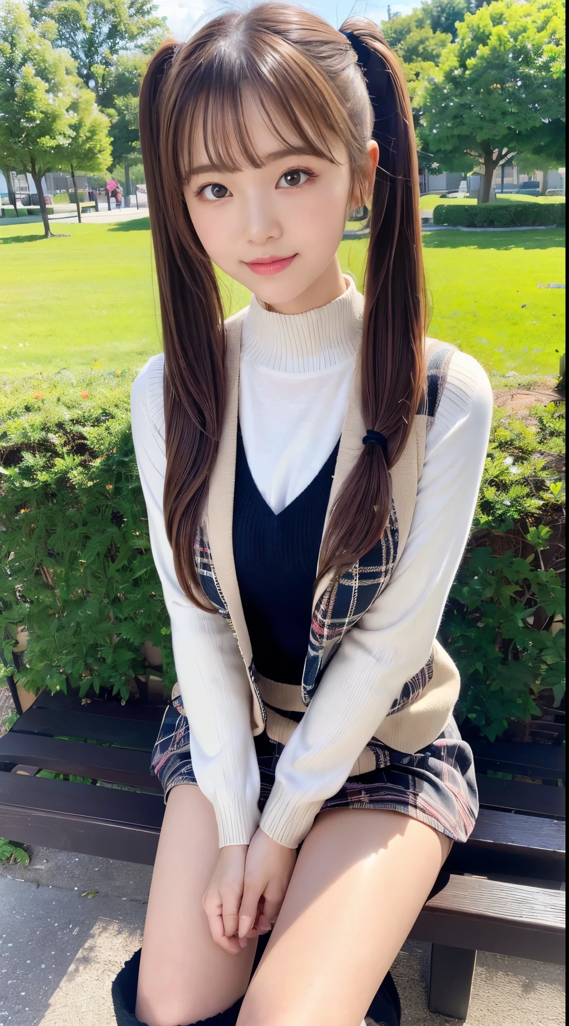(High quality, High resolution, Ultra-detailed, Realistic:1.37), (Full Body Pose)、(Full body photo of a girl)、peaceful ambiance, (plein air, a park)、 ((large twin tails、big scrunchie))、((sit on a bench))、((Sitting))、Split sitting、An 18 year old high school girl、A Cup、Beautiful detailed features, Cute smile, (Brown hair), (Casual Outfit), (tight sweater)、(plaid vest)、(Plaid mini skirt), (Black tights)、(tight round boots)