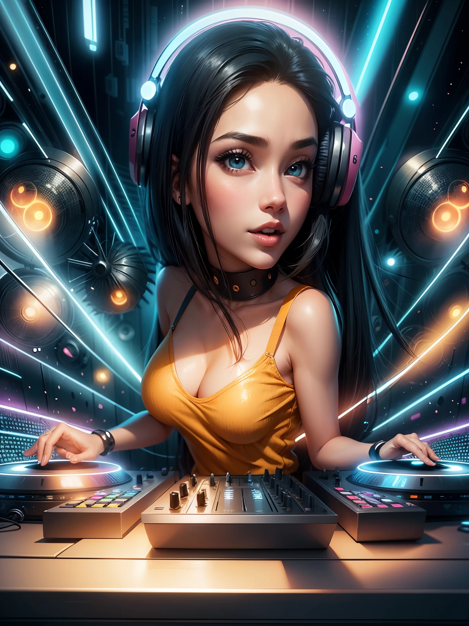 a cartoon girl dj playing music in a nightclub, beautiful black haired woman, background artwork, glowwave girl portrait, cartoon digital painting, fanart, stylized digital illustration, digital cartoon painting art, cartoon artstyle, cartoon digital art, jen bartel, digital art cartoon, alice x. zhang, dj sura, stylized digital art, official artwork, by Eddie Mendoza