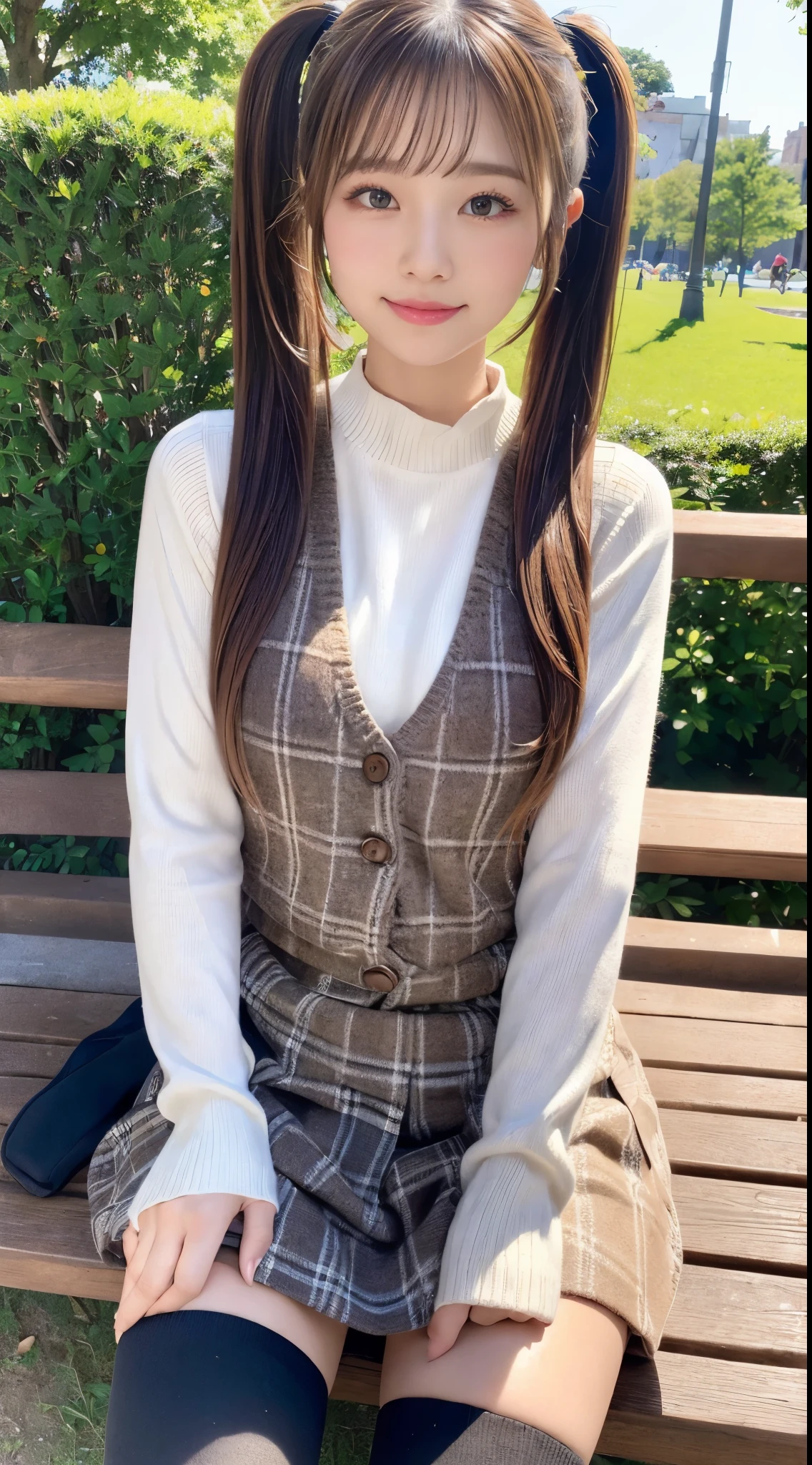 (High quality, High resolution, Ultra-detailed, Realistic:1.37), (Full Body Pose)、(Full body photo of a girl)、peaceful ambiance, (plein air, a park)、 ((large twin tails、big scrunchie))、((sit on a bench))、((Sitting))、Split sitting、An 18 year old high school girl、A Cup、Beautiful detailed features, Cute smile, (Brown hair), (Casual Outfit), (tight sweater)、(plaid vest)、(Plaid mini skirt), (Black tights)、(tight round boots)