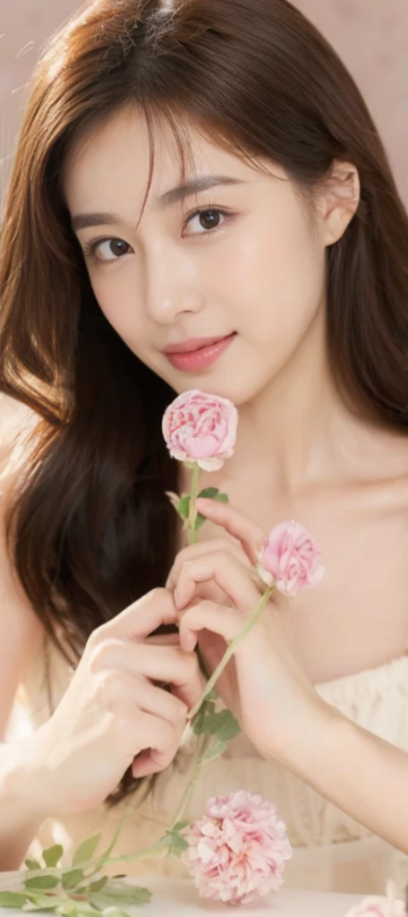 a young woman covered in flowers with a smile on her face, in the style of surrealistic dreamlike scenes, asian-inspired, macro photography, pompeo batoni, fragmented portraiture, highly realistic, high-angle,(medium close-up)