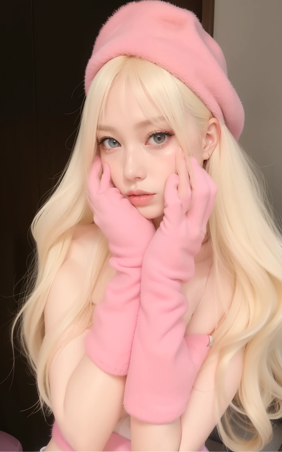 blonde girl with pink gloves and pink hat posing for a photo, Ulzzang, pale fair skin!!, linda Delphine, extremely pale blond hair, longos cabelos brancos e franja, Lalisa Manobal, extremely pale white skin, Lalisa Manoban do Blackpink, pale glowing skin, com cabelos longos brancos, ivory pale skin, com longos cabelos brancos