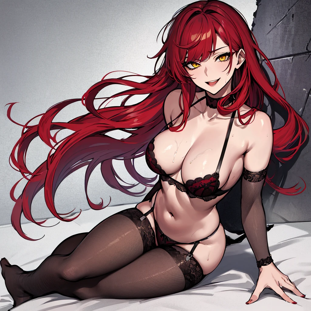 (absurdres, 8k, 4k, masterpiece, hyper extreme detailed:1.2), solo, 1girl,, perfect face, 1girl, (straight cut bangs), (very long hair), evil, ((sexy lingerie)), dark ambient, no light, ((good anatomy)), back to the wall, sexy pose, red lingerie, fishnet stockings, wet skin, sensual, sexy, provocative, expressive eyes, solo, perfect anatomy, evil eyes, female, medium boobs, wheels, ((long red hair)), windy, evil smile, sexy smile, yellow eyes, female, (full body)