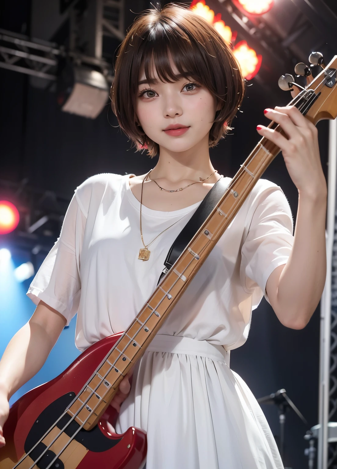 ((top-quality))、(​masterpiece:1.4)、Raw photography、8K、((Top image quality))、 ((hight resolution))、Beautiful face in every detail、realisiticな人の肌、Gentle expression、(One lady:1.3 )、realisitic、(rather short hair:1.4)、(Beautuful Women)、(cute Japanese girls:1.3)、(boyish:1.3)、((mannish))、((Pretty Woman))、(Beautiful hair)、((dark brown  hair))、With bangs、(((Red cheeks)))、(Her eyes are big:1.3)、20-year-old beauty、(her face is small:1.3 )、small head、(long neck:1.3)、a necklace、((music festival))、((On stage))、(play bass guitar:1.3)、((Happy look))、singers、Everyone admires her、rock band、(young woman admires her)、(popular person)、(Dynamism:1.3)、Band Group Vocals、