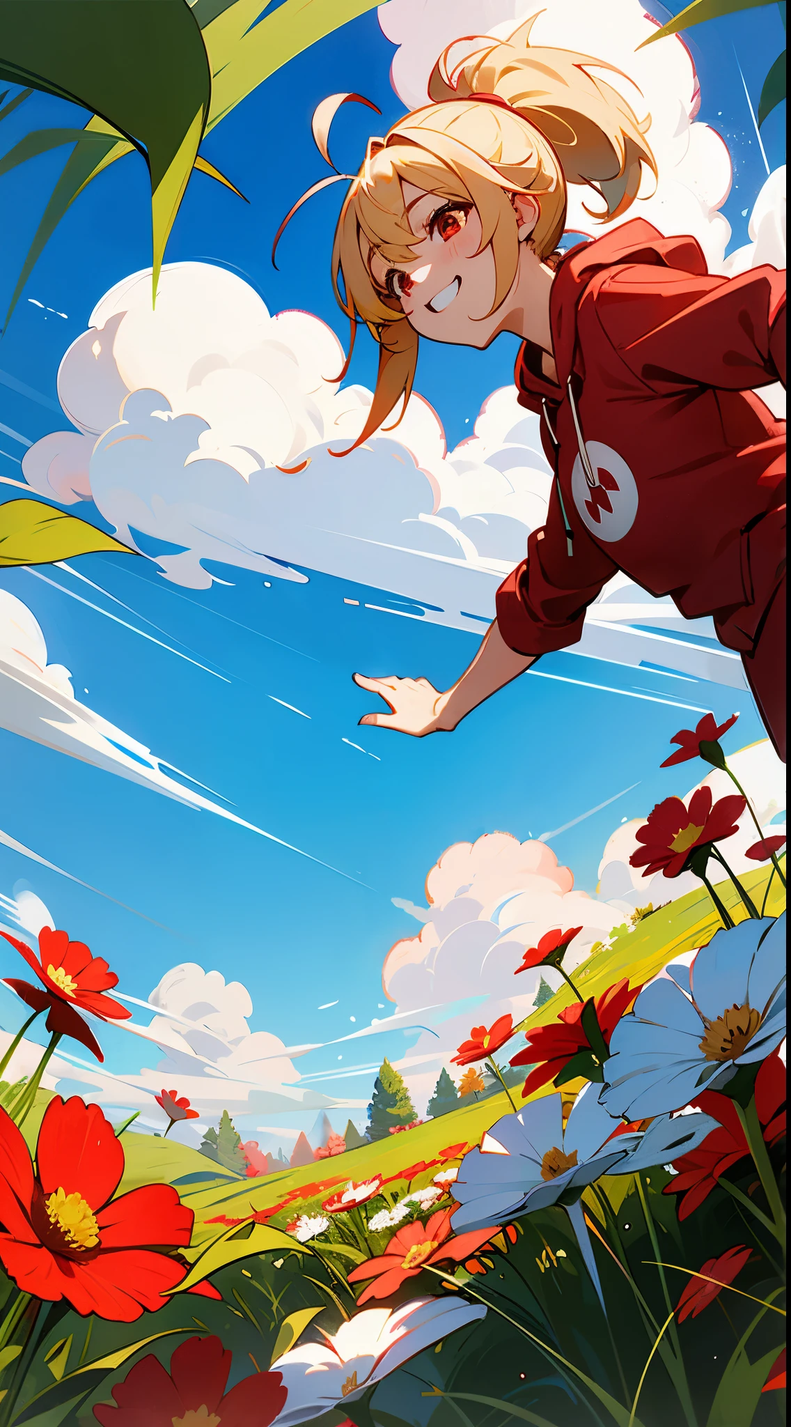1 woman、独奏、Blonde ponytail、Ahoge、big round red eyes、small tits、A slight smil、Laugh、Red hoodie、Cosmos flowers are in full bloom、plein air、Sunnyday