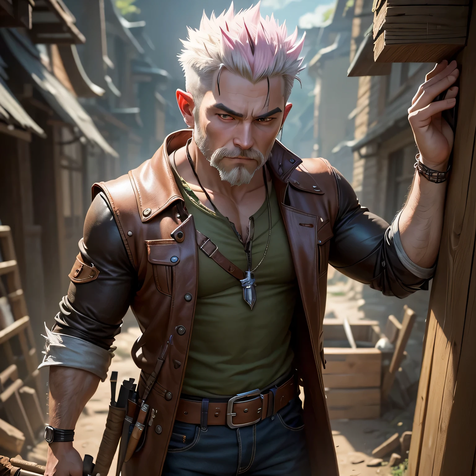8k, masterpiece, best quality, realistic, higly detailed, cowboy shot, 1boy, solo, Tiberius, gnome, 90 centimeters, pale yellowish skin, white eyes with a touch of lilac as if just a drop of paint had fallen into the white immensity of his eyes, spiked hair with some green and pink highlights, wears dirty brown leather clothes that are often torn Because he is always building contraptions that explode, he carries several craftsman's tools hanging from his clothes, medieval, rpg, gnomish features, yordle, heimerdinger from league of legends