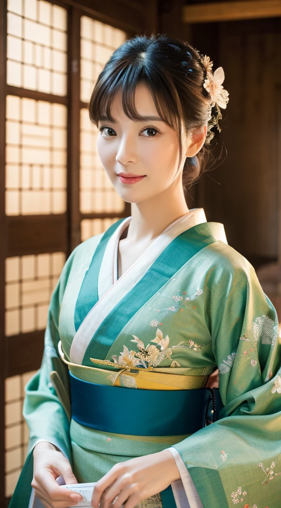 Best Quality, masutepiece, 超A high resolution, (Photorealistic:1.4), Raw photo, One bewitching woman, age 40s,Kimono beauty with a crane pattern, gros-plan, Looking at Viewer, castle town, Farbe々Hairstyle, Hair Ornament,Beautiful photos,is beautiful,fullbody image,