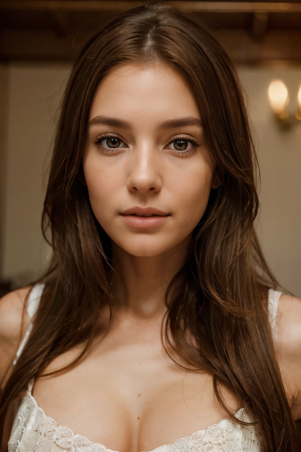 I'd like an 8K image of a realistic and extraordinarily beautiful woman facing the camera directly with chestnut brown hair, and a clear, unobstructed face. She should have a gentle expression and possess symmetrical and detailed features, exuding elegance and harmony. Please ensure the image quality is highly realistic and captivating