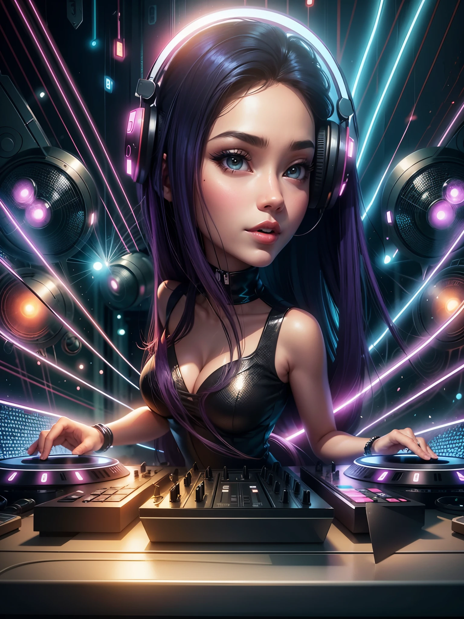 a cartoon girl dj playing music in a nightclub, beautiful black haired woman, background artwork, glowwave girl portrait, cartoon digital painting, fanart, stylized digital illustration, digital cartoon painting art, cartoon artstyle, cartoon digital art, jen bartel, digital art cartoon, alice x. zhang, dj sura, stylized digital art, official artwork, by Eddie Mendoza