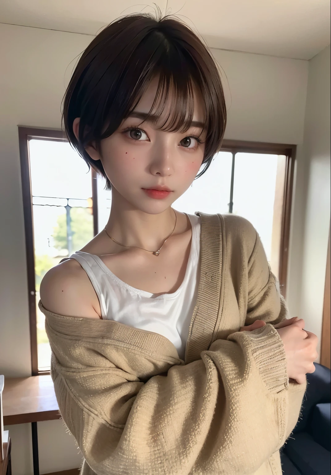 ((top-quality))、(​masterpiece:1.4)、Raw photography、8K、((Top image quality))、 ((hight resolution))、Beautiful face in every detail、realisiticな人の肌、Gentle expression、(One lady:1.3 )、realisitic、(rather short hair:1.4)、(Beautuful Women)、(cute Japanese girls:1.3)、(boyish:1.3)、((mannish))、((Pretty Woman))、(Beautiful hair)、((dark brown  hair))、With bangs、(((Red cheeks)))、(Her eyes are big:1.3)、20-year-old beauty、(her face is small:1.3 )、small head、(long neck:1.3)、oversized clothes、Moe Sleeve、cardigan、(waking up)、living room、((No makeup))、