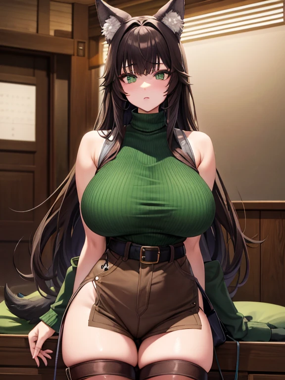 knitted sweater、Sleeveless、turtle neck、Green clothes、Brown Long Hair、Wolf Girl、Colossal tits、thick thighs、shortpants、knee sox、garterbelts、long boots、venusbody,big butts,Wolf ears、Wolf's tail
