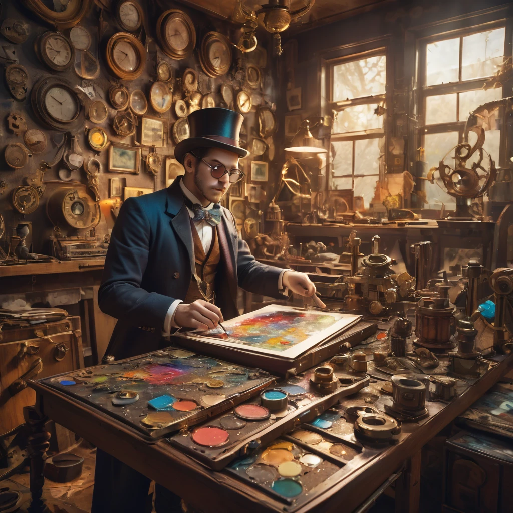 [An artist in his 30s, Steampunk style, creating a masterpiece:1.2, utilizing brass gears and vintage machinery, detailed goggles, a top hat adorned with Victorian designs, vibrant colors:1.1 and rich textures, surrounded by an art studio filled with antique brushes and tubes of paint on a wooden artist's palette, casting a warm glow on the artist and his surroundings.] [we see a brush in his hand at first plan]