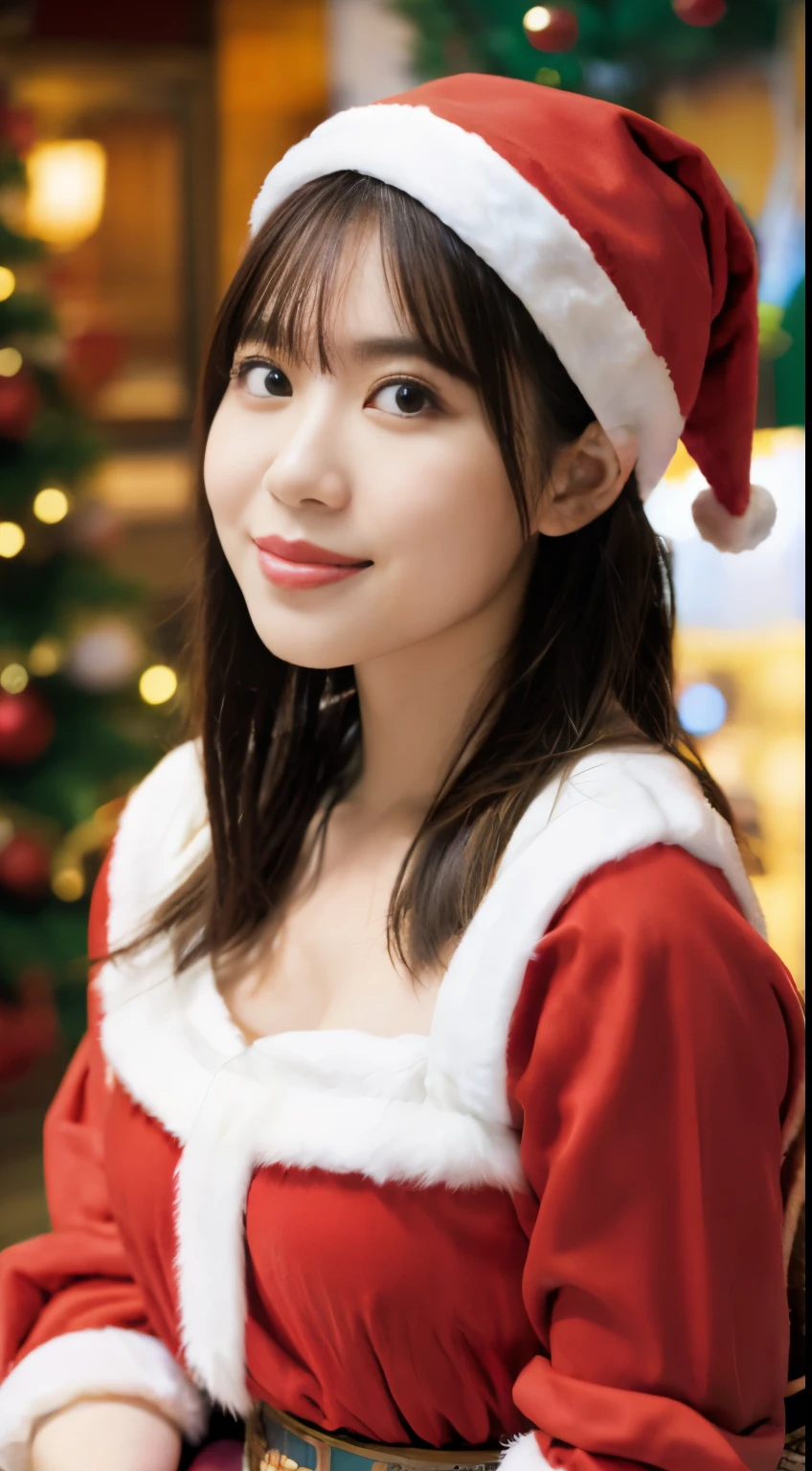 beautfull Japanease woman，(Red Santa Claus costume：1.5)，(Christmas tree)，Christmas atmosphere，Black hair，Photorealsitic，surrealism, F/1.2, 35 mm, Fuji Film, 8K, Super Detail, nffsw, masutepiece, ccurate, Anatomically correct, Textured skin, Super Detail, high details, High quality, Best Quality, hight resolution