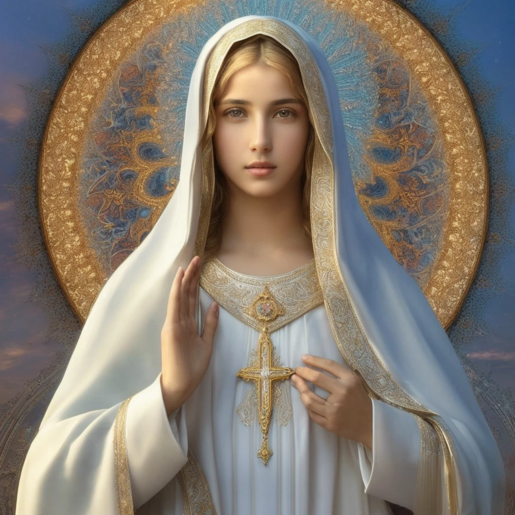 (((Santa Virgem Maria. 19 anos))) ((( With a serious and pious face. Com um olhar doce e terno))) (obra prima, qualidade superior, melhor qualidade, Arte Oficial, Beautiful and Aesthetic: 1.2), (1girl), extremamente detalhado, (Arte Fractal: 1.3), Colouring, mais alto detalhado, rosto perfeito, parte superior do corpo, HDR, (Rezando: 1.3), (linhas douradas de pelagem branca: 1.2), galaxy, (listras leves), visuais atraentes, (dynamic stripes, Trilhas luminosas: 1.2), Cores vibrantes,