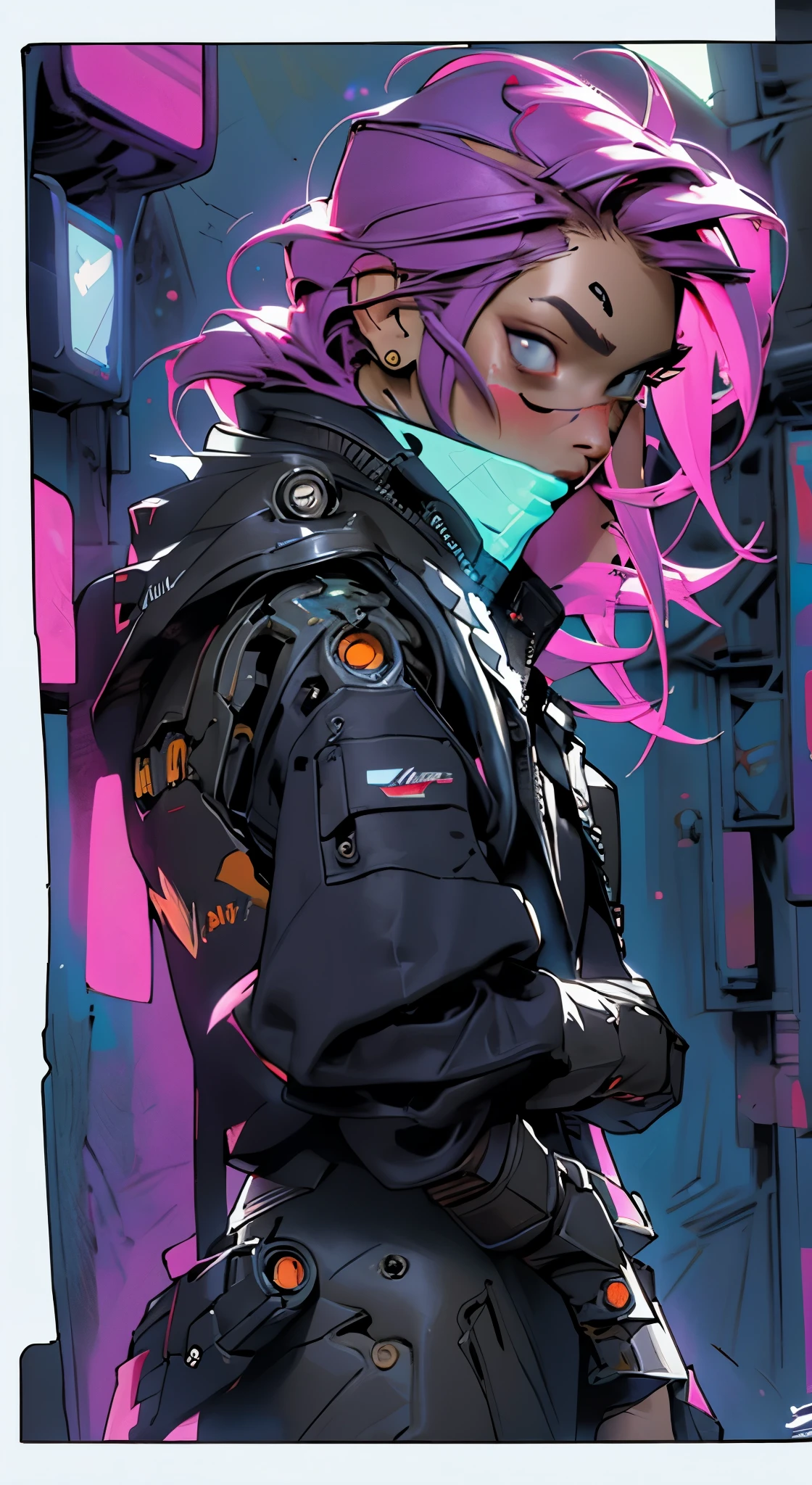 1_Color Portrait of a young girl, wery sexy ,Modern style, comic book, cyberpunk, future, colored fill, rich colors. Face tattoos, fashionable clothes, body devices.
2_The background depicts a majestic city of the future, an evening city, lights, illuminations, robots.
3_High image quality, 4K | Ultra HD | Full HD, cinematic comic book, 3D visualization _ in comic book style - linear stroke, color fill, high-quality stroke - a masterpiece, TOP computer graphics ART. 8K, , dark lighting, heavy shading. (vivid, anime, comic, creative, sharp focus, 8K). High detail of the drawing, lines, high quality background (cold tone shades, red, warm highlights, side lighting), Architecture, cyberpunk, futurism. Film grain, dust and airborne particles.