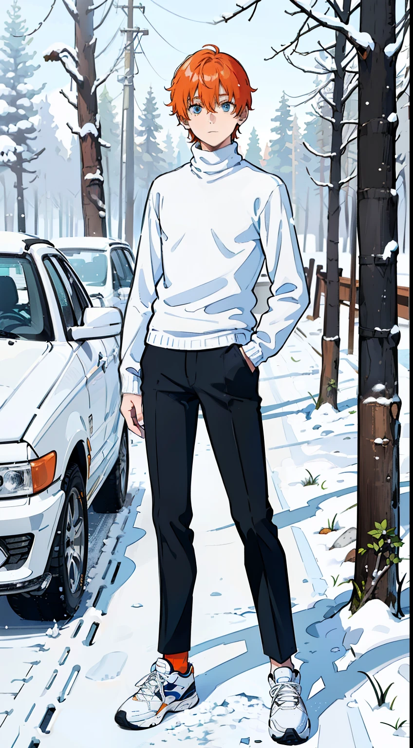 (1boy,teen,18 years old), orange hair, blue eyes,(((white sweater,turtleneck))),(snow,in Forest),((standing)),(((from front)),black pants,white sneakers,full body