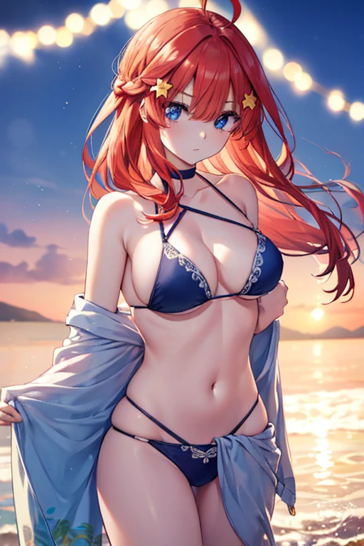 Satsuki Nakano, Itsuki Nakano, Bangs, Blue eyes, hair between eye, Ahoge, Red hair, Braid hair,Star \(symbol\), Hair Ornament, Star hair ornament、,B Leak point:1.2), Best Quality, High resolution, Unity 8k壁纸, (Illustration:0.8), (Beautiful detailed eyes:1.6), extra detailed face, Perfect Lighting, extremely details CG, (Perfect hands, Perfect Anatomy),Bikini swimwear,Wrap the blanket diagonally around your waist,hair adornments(hibiscus),sea side,sand beach