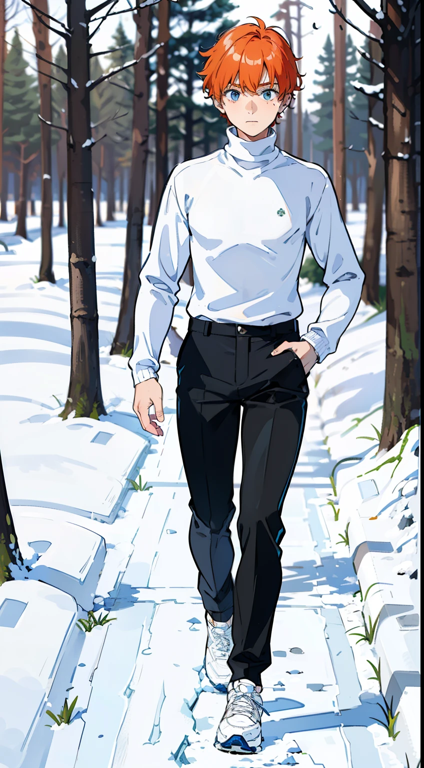 (1boy,,18 years old), orange hair, blue eyes,(((white sweater,turtleneck))),(snow,in Forest),((standing,running)),(((from front)),black pants,white sneakers,full body