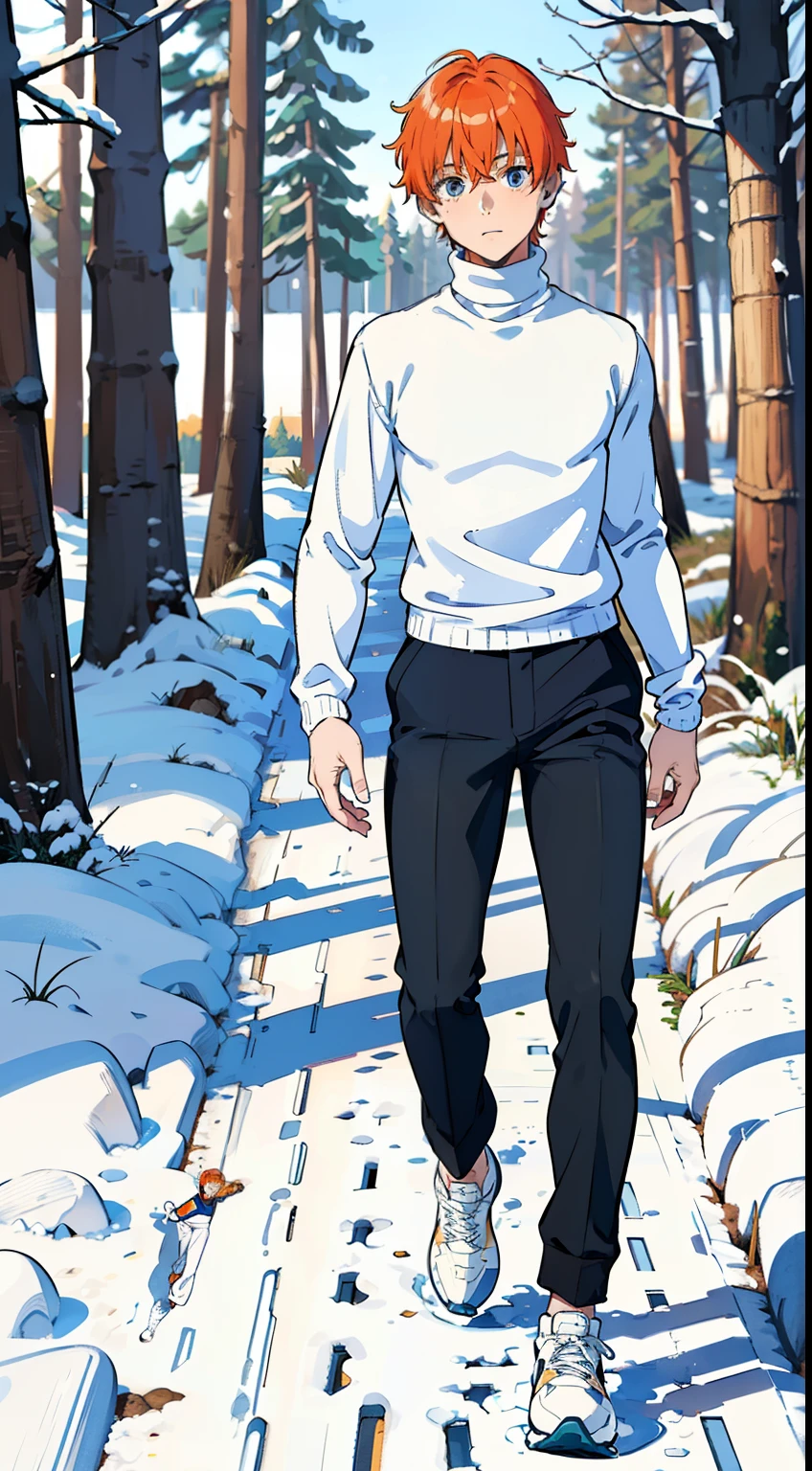 (1boy,,18 years old), orange hair, blue eyes,(((white sweater,turtleneck))),(snow,in Forest),((standing,running)),(((from front)),black pants,white sneakers,full body