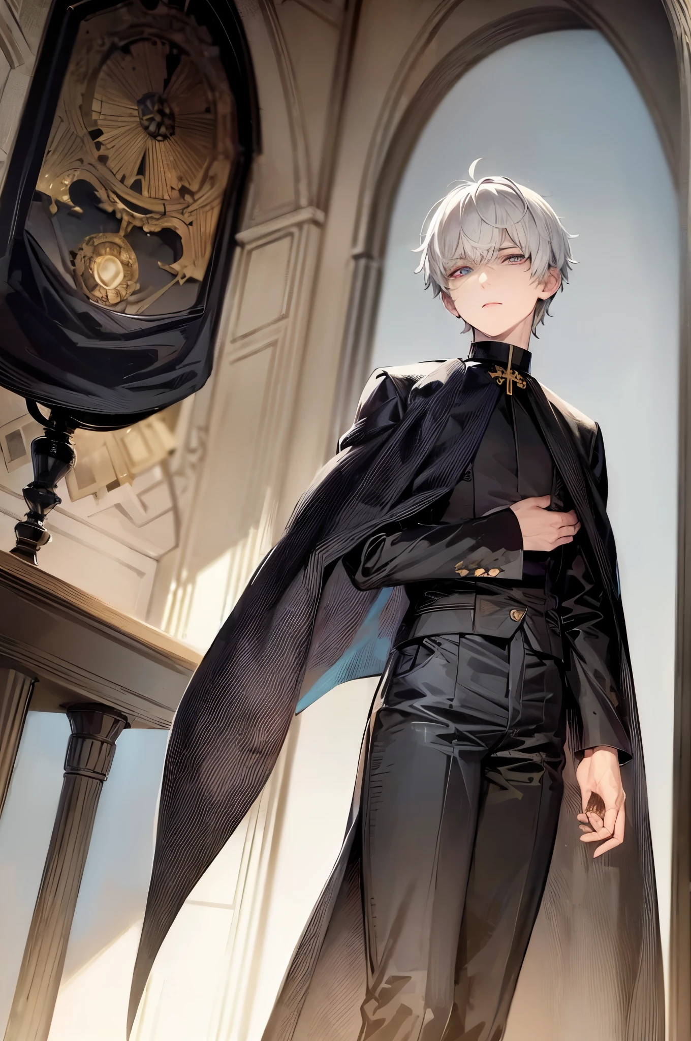 (flat color:1.1),(masterpiece:1.2), best quality, masterpiece, original,short white hair, ( male:1.2),(dark eye bags:1.2), mature yet tired handsome man, wearing a priest outfit
