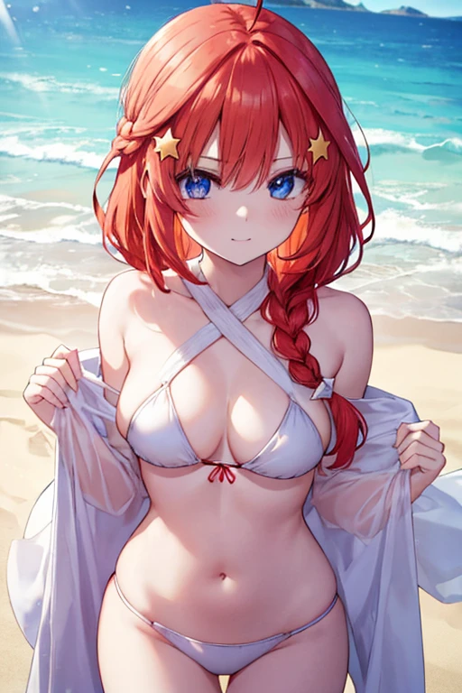 Satsuki Nakano, Itsuki Nakano, Bangs, Blue eyes, hair between eye, Ahoge, Red hair, Braid hair,Star \(symbol\), Hair Ornament, Star hair ornament、,B Leak point:1.2), Best Quality, High resolution, Unity 8k壁纸, (Illustration:0.8), (Beautiful detailed eyes:1.6), red blush,a smile,extra detailed face, Perfect Lighting, extremely details CG, (Perfect hands, Perfect Anatomy),Bikini swimwear,Wrap a thin cloth diagonally around your waist.,hair adornments(hibiscus),sea side,sand beach