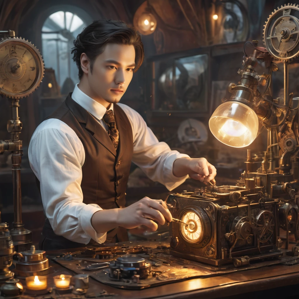 [An artist in his 30s, Steampunk style, creating a masterpiece:1.2, utilizing brass gears and vintage machinery, Victorian designs, vibrant colors:1.1 and rich textures, surrounded by a steam machine all over the place, casting a warm glow on the artist and his surroundings.] [camera is on the table, we see a brush in his hand at first plan]
