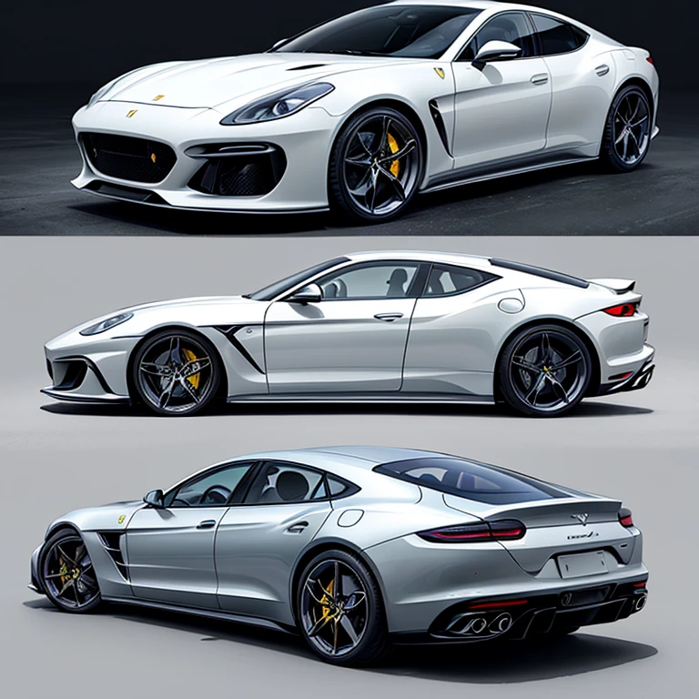 sedan concept car that combines styling from the ferrari roma, porsche panamera and aston martin db12 , concept sketches, digital art. Headlights are ferrari roma inspired, body work is porsche panamera inspired and rear view is aston martin inspired