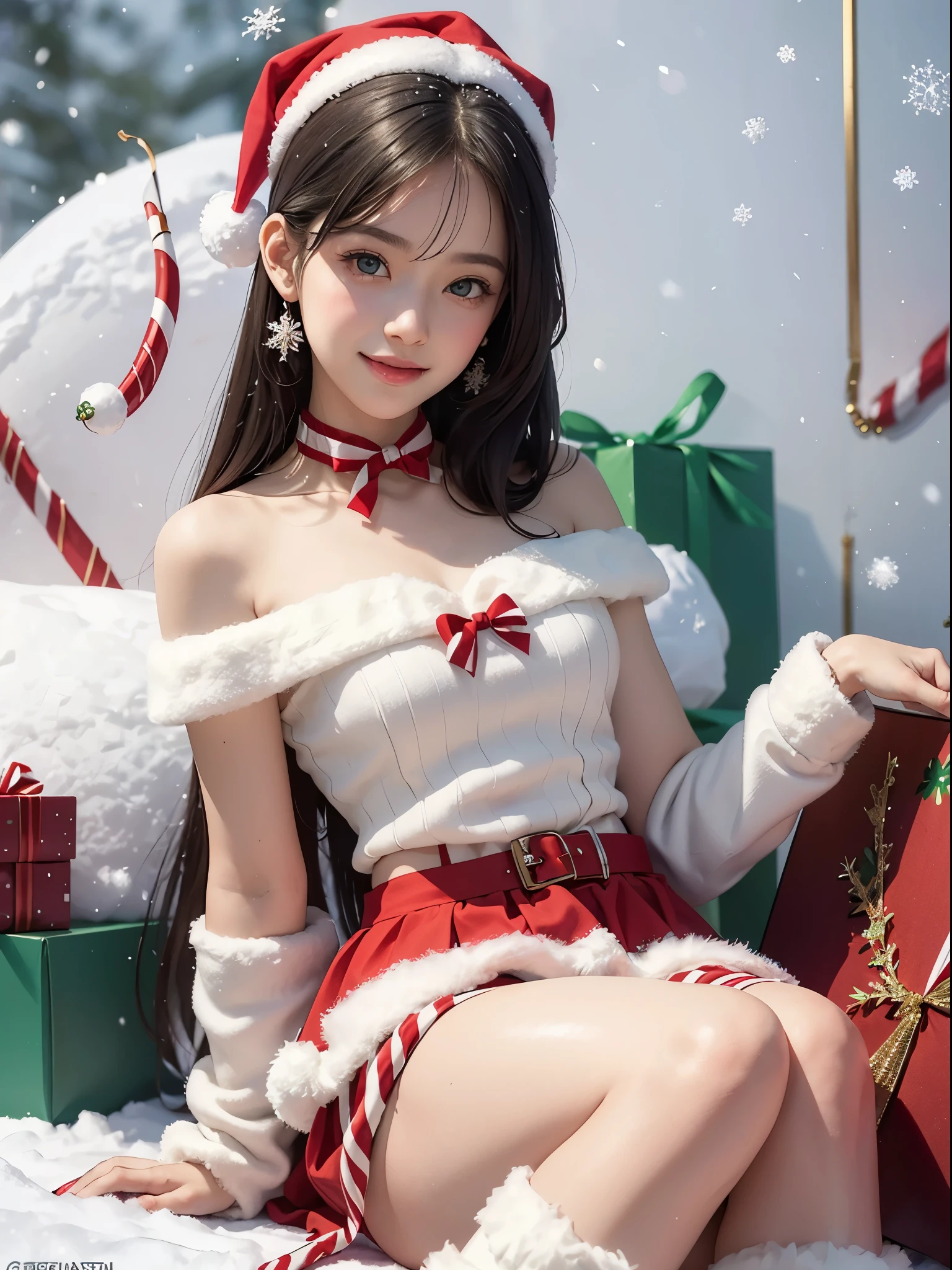 (Realistic:1.8), (Digital art:0.2), (Geometrical art, official art, beautiful and aesthetic, ultra detailed, beautiful, masterpiece, best quality:1.6), (1girl:1.2), Detailed face, Detailed eyes, Detailed hair, young fingers, Detailed fingers, five fingers, sitting,
_
BREAK cute ig model, Japanese cute model, 22 years old, Tightened all body, small head, small face, small mouth, diamond Face, small nose, Sharp Faceline, (dropy eyes, Double eyelid, Light color eyes, Glossy eyes, Shiny eyes:1.2), Shiny skin, shiny hair, BLACK hair,
_
BREAK (happy, smile, Teeth, Glossy Lipeautiful Teeth, (upper body:1.5), from front,
_
BREAK (Cute Christmas theme:1.2), (fluffy Santa hat with ribbon:1.2), (adorable red and white candy cane-striped off-shoulder top:1.2), (short length green pleated skirt with subtle snowflake patterns:1.2), (festive knee-high socks with small bows:1.2), (festive red and green ankle boots:1.2), BREAK (sparkling snowfall background:1.2), (joyful expression:1.2), (holding a cute gift box with a big bow:1.2), (gentle snow breeze:1.2),