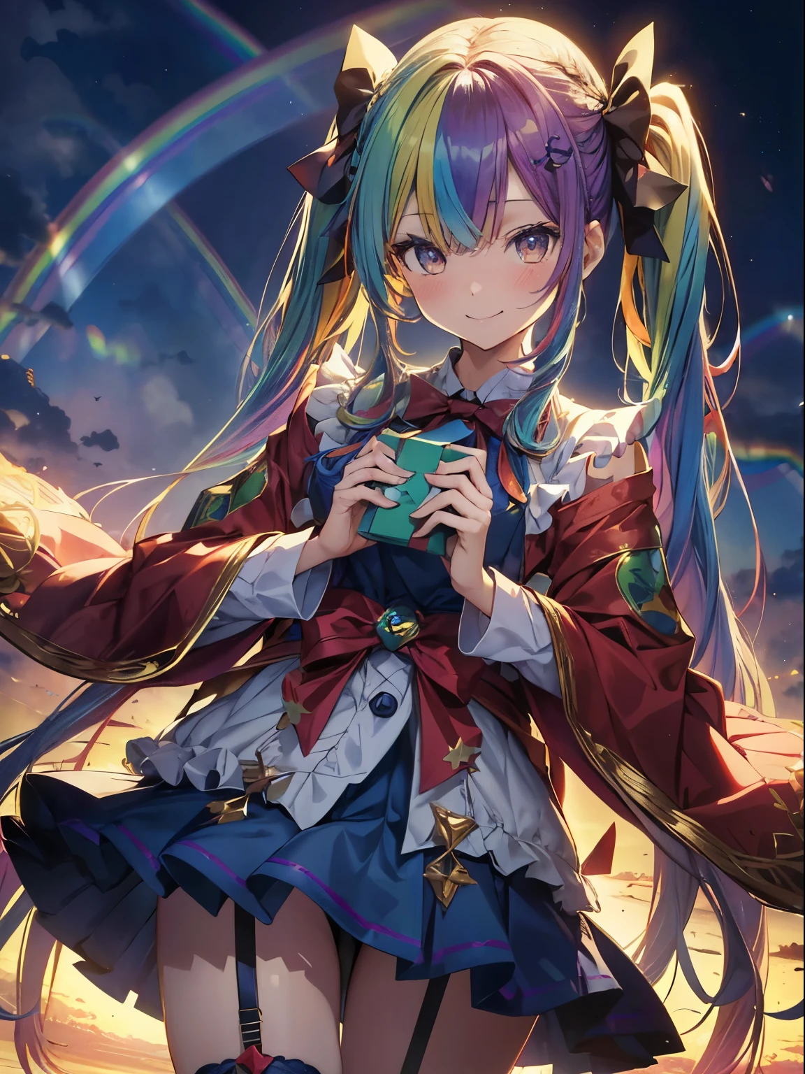 santaクロースのコスプレ、holding a present in both hands、santaのコスプレ、santaクロースの袋、Christmas、(masutepiece:1.3), (8K, Photorealistic, Raw photo, Best Quality: 1.4), Beautiful face, (Realistic face), Beautiful detailed eyes, (Realistic skin), Attractive, Intricate details,Golden ratio, 1 girl,Naughty smile, (rainbow hair:1.4),((Long twintails,Ribbon 1.4)),santa (Blue Butterfly Hair Ornament 1.3)、deliver a present、Dynamic Angle,Intricate details, Hyper realistic、A smile、Smiling、Strong face、the morning sun、Deitiesの光、Deities、Heaven、rainbows