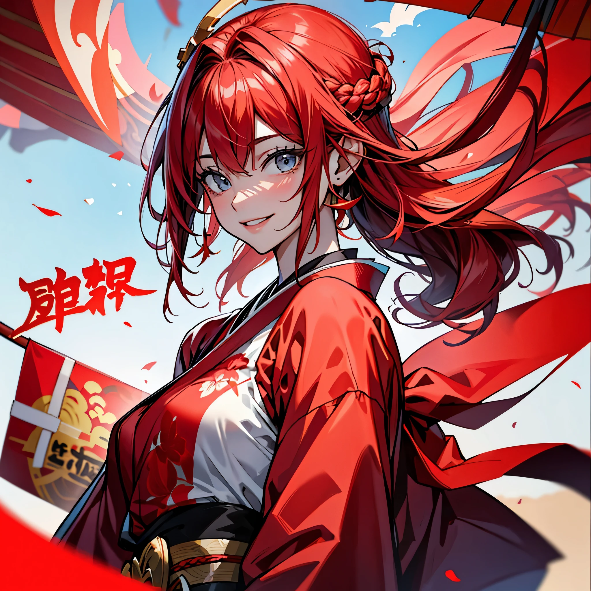 A smiling girl wearing red kimono and coming to an event to celebrate the New Year、hair is long、is fluttering in the wind、Red team、the background is sparkling、Poster Color