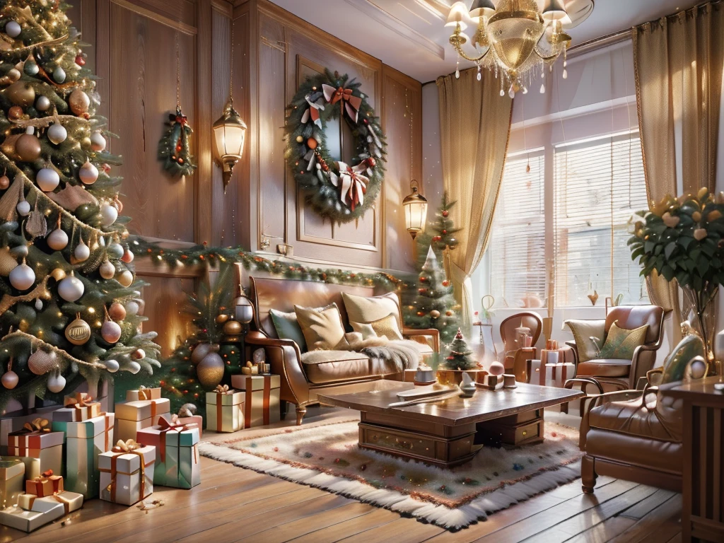 ultra real photo, tmasterpiece, Best quality, ultra - detailed, 超高分辨率, RAW photos,(Christmas living room),(圣诞豪华Decorative style),A fusion of gorgeous Christmas elements and symmetry,落地窗充满温暖的圣诞lamplight。Beautiful Christmas furniture is placed in the center,Includes comfortable Christmas style sofa and chairs,Mild color。(Huge Christmas artwork hanging on the wall),old color,(Christmas unique style)。(墙壁Decorative style以圣诞元素Decorative style,The fireplace is warm、Lanterns hanging on the stairs、Colorful gifts wrapped under the Christmas tree、The floor is piled with gifts、wooden floor、Decorative style的松树、镶wooden floor、Manta ray and green、Christmas atmosphere、传统的Christmas atmosphere、Merry Christmas、gift tags、Christmas wreath、Decorative style、metal ribbon、Christmas tree lights、Candy and Snacks,Gingerbread Man,lamplight),Complements the mirror wall,Broaden the sense of space。(Ornate ceiling design with Christmas elements,悬挂的圣诞彩灯Decorative style让房间充满温暖, Soft lighting)。European Christmas style living room,ultra real photo,Extremely detailed and highest quality CG Unity 8K wallpapers, sn