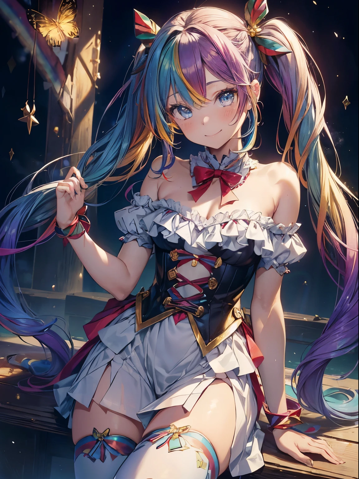 santaクロースのコスプレ、5 gift boxes、holding a present in both hands、santaのコスプレ、santaクロースの袋、Christmas、(masutepiece:1.3), (8K, Photorealistic, Raw photo, Best Quality: 1.4), Beautiful face, (Realistic face), Beautiful detailed eyes, (Realistic skin), Attractive, Intricate details,Golden ratio, 1 girl,Naughty smile, (rainbow hair:1.4),((Long twintails,Ribbon 1.4)),santa (Blue Butterfly Hair Ornament 1.3)、deliver a present、Dynamic Angle,Intricate details, Hyper realistic、A smile、Smiling、Strong face、the morning sun、Deitiesの光、Deities、Heaven、rainbows
