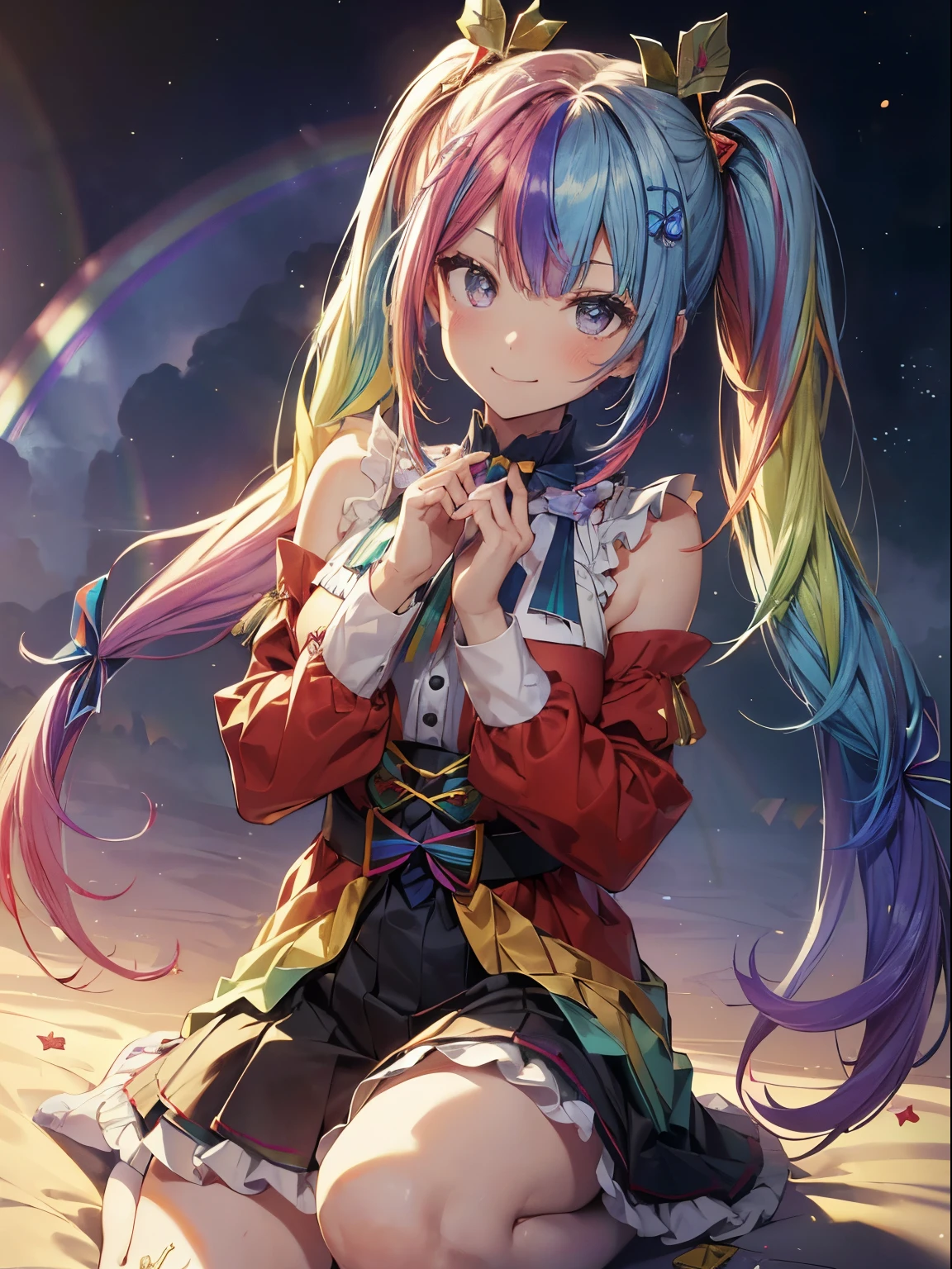 santaクロースのコスプレ、5 gift boxes、holding a present in both hands、santaのコスプレ、santaクロースの袋、Christmas、(masutepiece:1.3), (8K, Photorealistic, Raw photo, Best Quality: 1.4), Beautiful face, (Realistic face), Beautiful detailed eyes, (Realistic skin), Attractive, Intricate details,Golden ratio, 1 girl,Naughty smile, (rainbow hair:1.4),((Long twintails,Ribbon 1.4)),santa (Blue Butterfly Hair Ornament 1.3)、deliver a present、Dynamic Angle,Intricate details, Hyper realistic、A smile、Smiling、Strong face、the morning sun、Deitiesの光、Deities、Heaven、rainbows